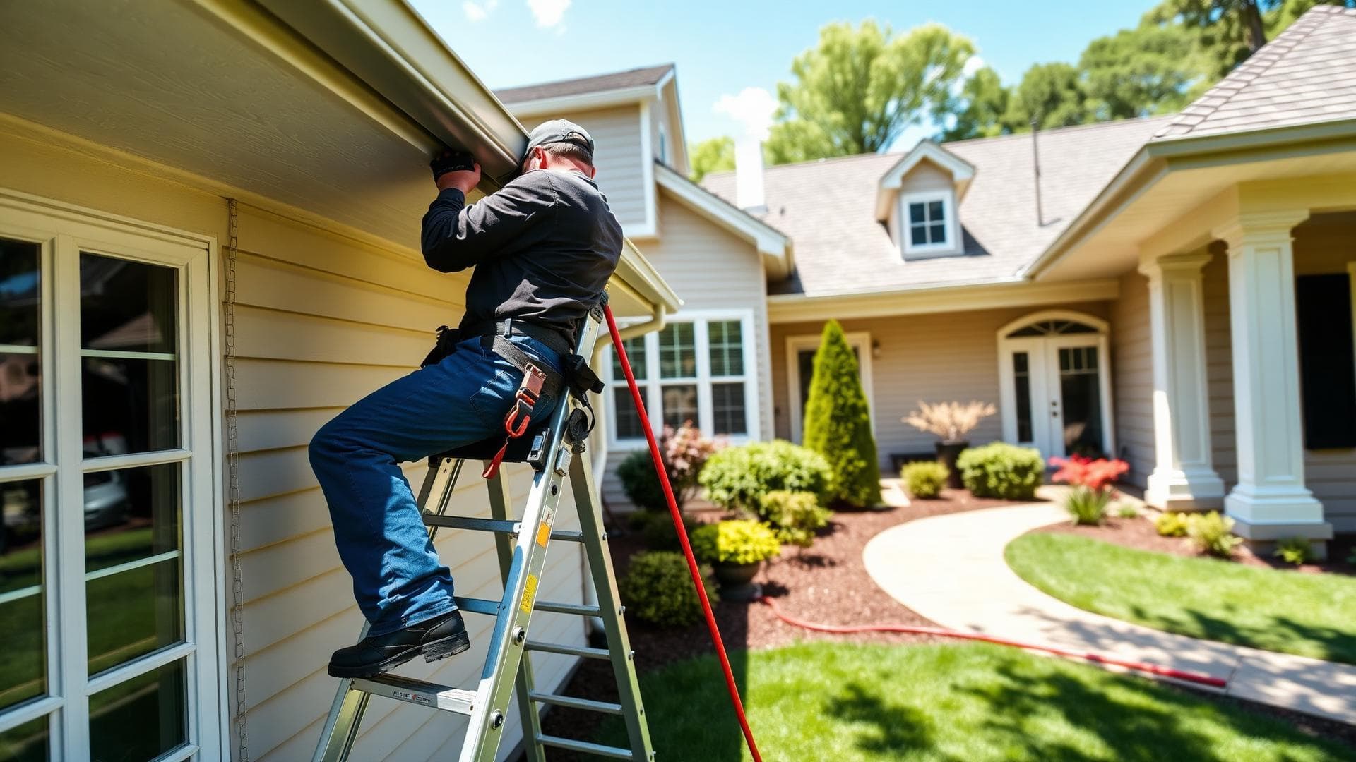 A ReThink-coordinated pro servicing a home's gutters